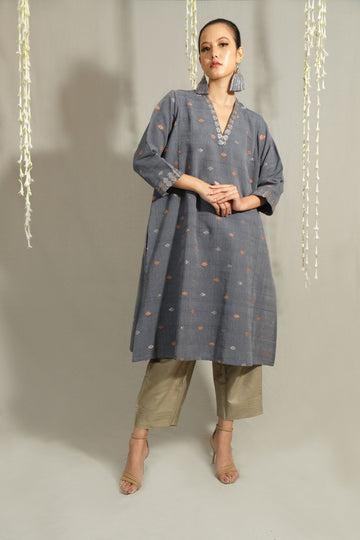 Kurta - Silk motifs in Eri silk natural dye & silver zari