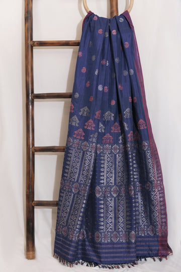Saree - Mulberry silk & cotton motifs in silver zari & Eri silk natural dye