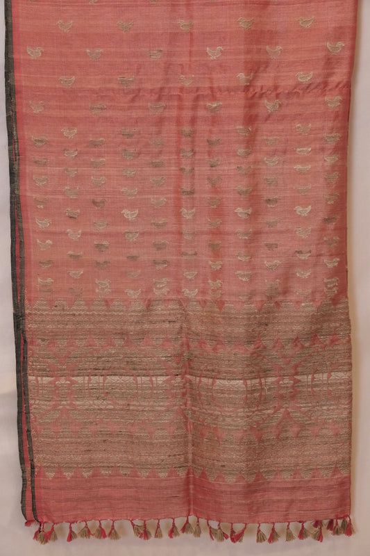 Saree - Tassar silk & cotton motifs in Muga ghisa silk