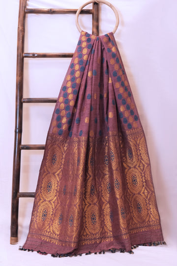 Saree - Mulberry silk & Eri silk dyed motifs in golden zari & Eri silk natural dye