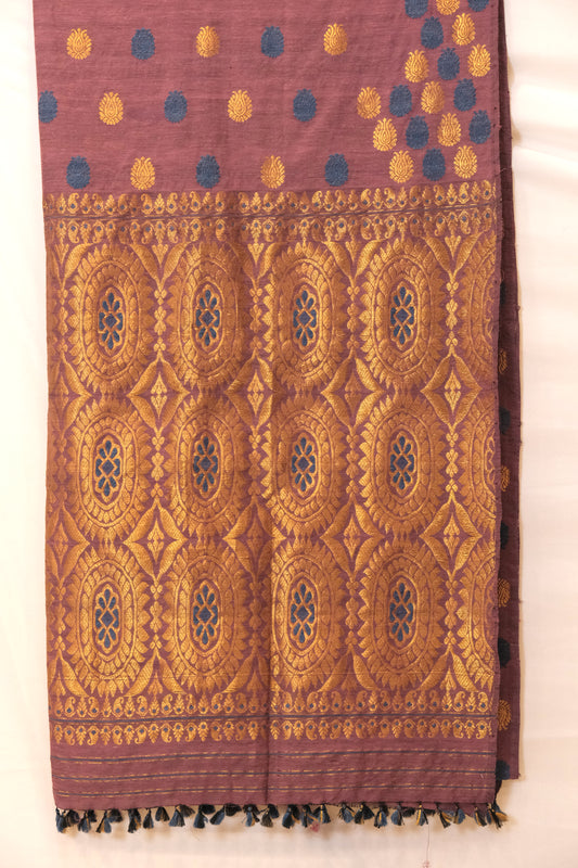 Saree - Mulberry silk & Eri silk dyed motifs in golden zari & Eri silk natural dye
