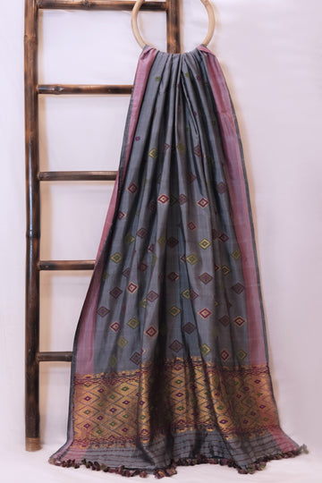 Saree - Mulberry silk & cotton motifs in cotton golden zari