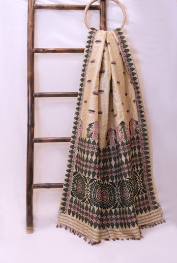 Saree - Tassar silk & Muga silk motifs Eri silk natural dye