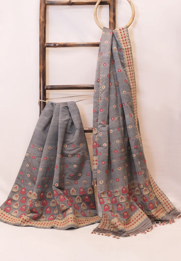 Mekhela Sador - Mulberry silk (nuni silk) motifs in Muga ghisa silk & Eri silk natural dye