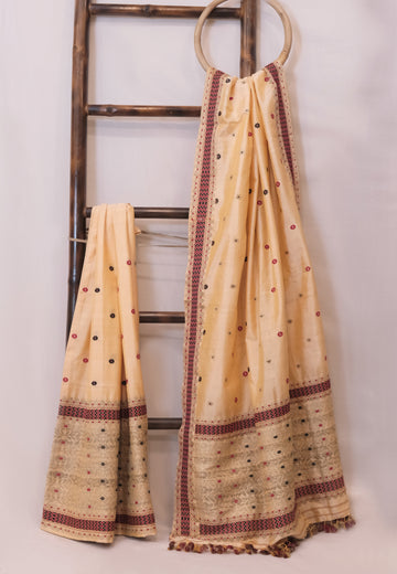 Mekhela Sador - Mulberry silk and cotton motifs in Muga ghisa silk