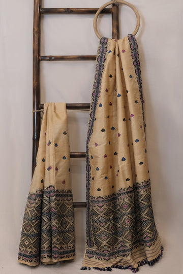 Mekhela Sador - Tassar silk & cotton motifs in Eri silk & cotton