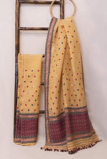 Mekhela Sador - Mulberry silk (nuni silk) motifs in Eri silk natural dye