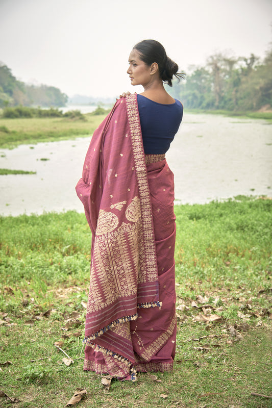 Saree - Eri silk & motifs in muga ghisa silk
