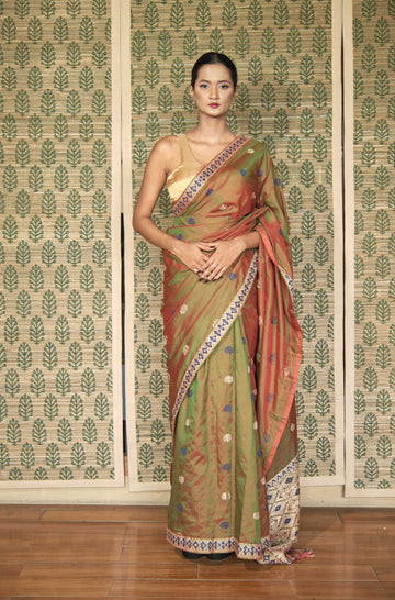 Saree - Mulberry silk & cotton motifs in muga ghisa