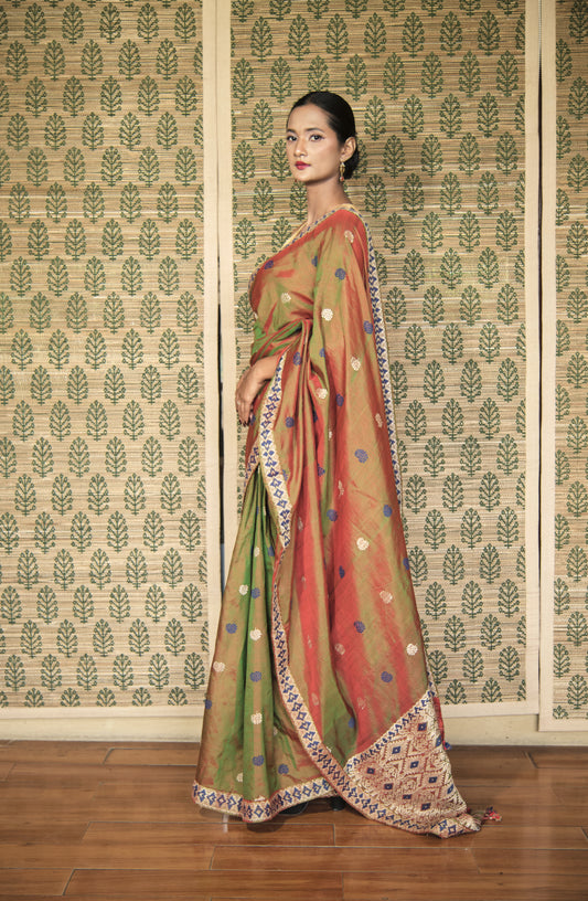 Saree - Mulberry silk & cotton, motifs in muga ghisa