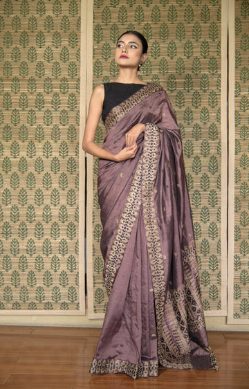 Saree - Mulberry silk & cotton motifs in muga ghisa