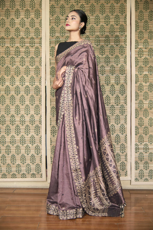 Saree - Mulberry silk & cotton, motifs in muga ghisa