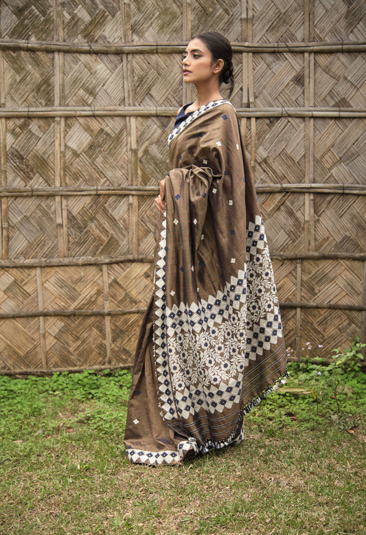Saree - Mulberry silk & cotton, motifs in cotton