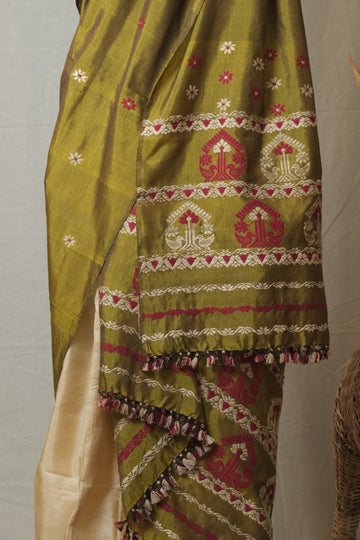 Single Sador - Mulberry silk & cotton motifs in Muga ghisa & eri silk natural dye