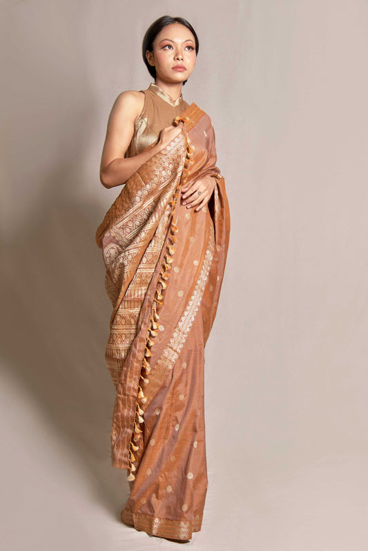 Saree - Mulberry silk & cotton, motifs in Tassar silk