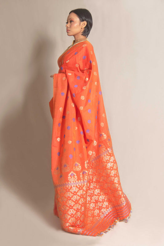 Saree - Mulberry silk & cotton, motifs in Tassar silk