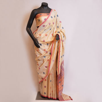 Saree - Mulberry silk & cotton, motifs in Eri silk natural dye