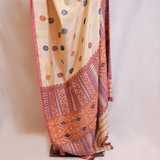 Saree - Mulberry silk & cotton, motifs in Eri silk natural dye