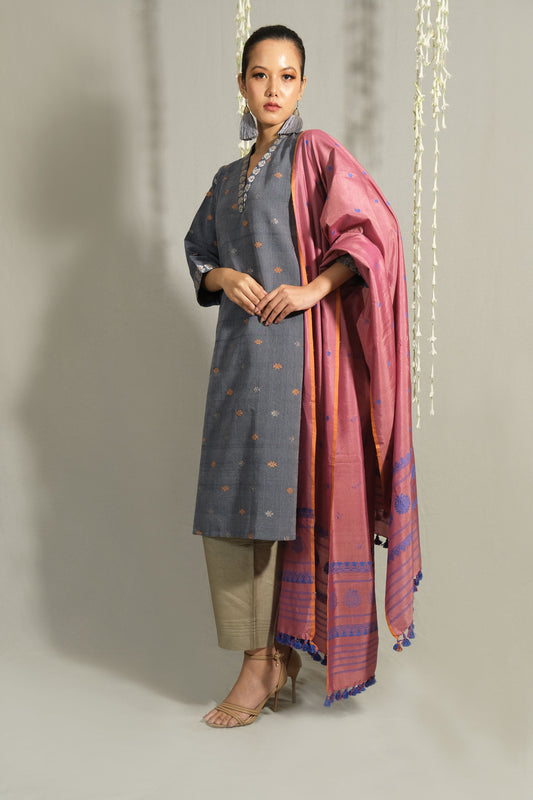 Kurta - Silk motifs in Eri silk natural dye & silver zari