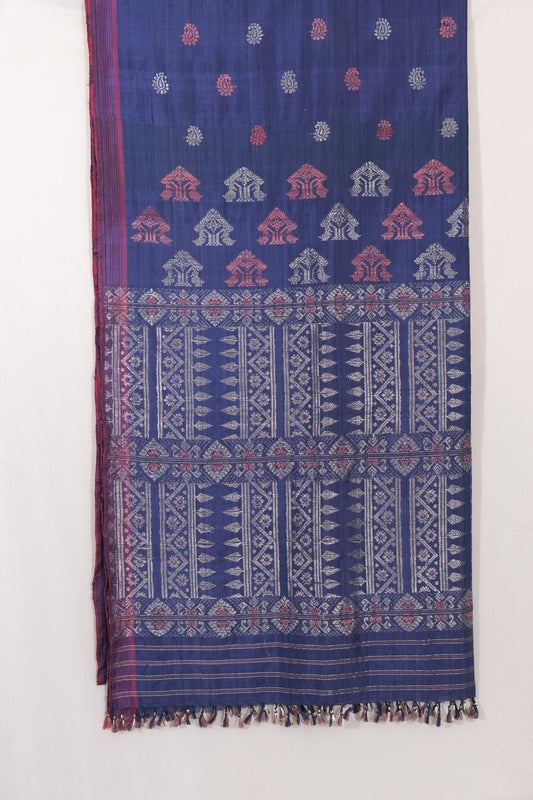 Saree - Mulberry silk & cotton motifs in silver zari & Eri silk natural dye