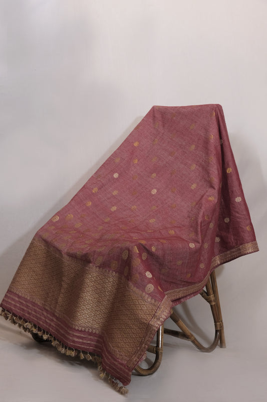 Saree - Tassar silk & Eri silk natural dye motifs in golden zari & Tassar silk