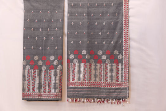 Mekhela Sador - Mulberry silk motifs silver zari & Eri silk natural dye