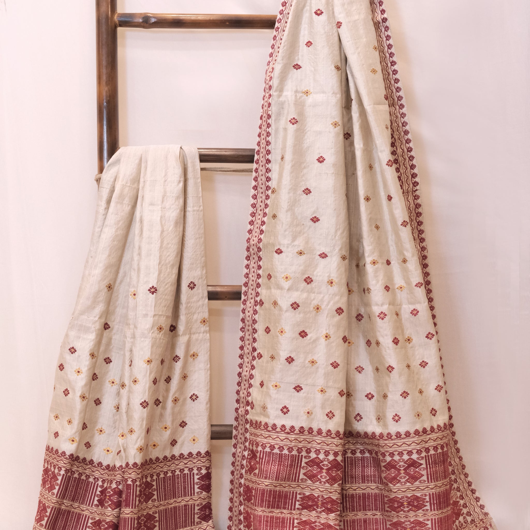 Mekhela Sador - Muga silk & mulberry silk motifs in Eri silk natural dye