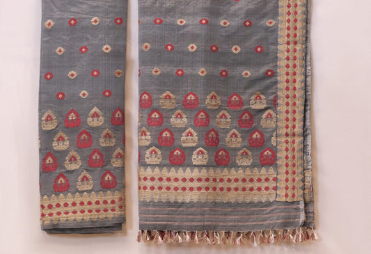 Mekhela Sador - Mulberry silk (nuni silk) motifs in Muga ghisa silk & Eri silk natural dye