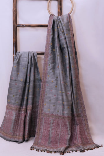 Mekhela Sador - Mulberry silk & cotton motifs in Eri silk natural dye