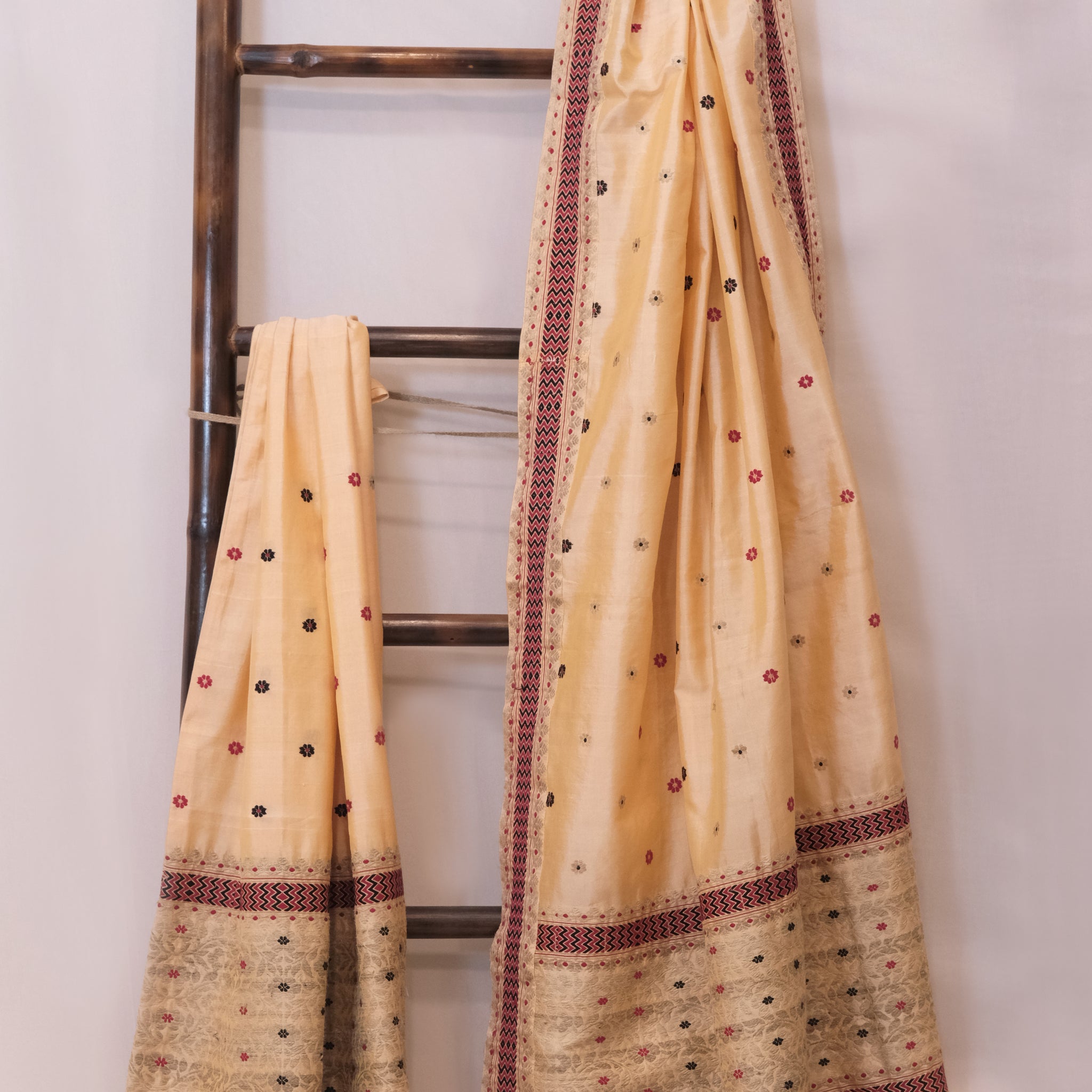 Mekhela Sador - Mulberry silk and cotton motifs in Muga ghisa silk