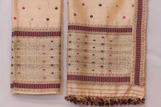 Mekhela Sador - Mulberry silk and cotton motifs in Muga ghisa silk