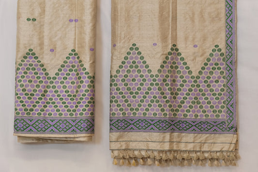 Mekhela Sador - Tassar silk & Muga silk motifs in cotton