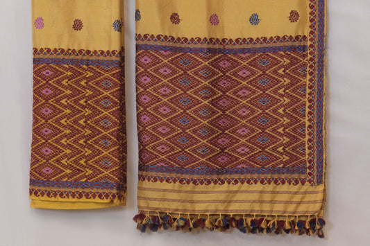 Mekhela Sador - Mulberry silk & cotton motifs in Eri silk natural dye