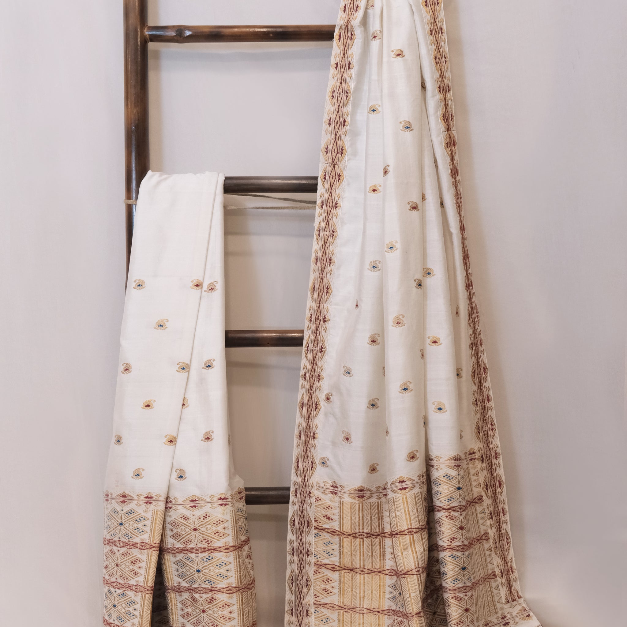 Mekhela Sador - Mulberry silk motifs in golden zari & eri silk natural dye