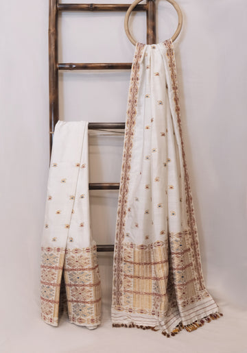 Mekhela Sador - Mulberry silk motifs in golden zari & eri silk natural dye