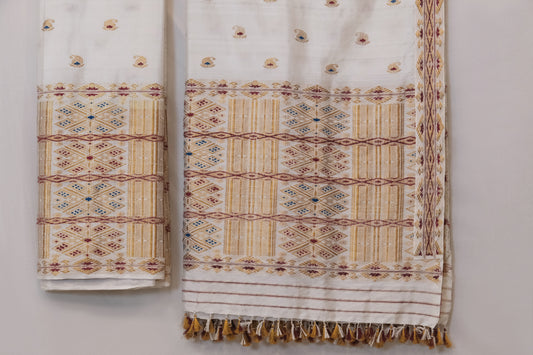 Mekhela Sador - Mulberry silk motifs in golden zari & eri silk natural dye