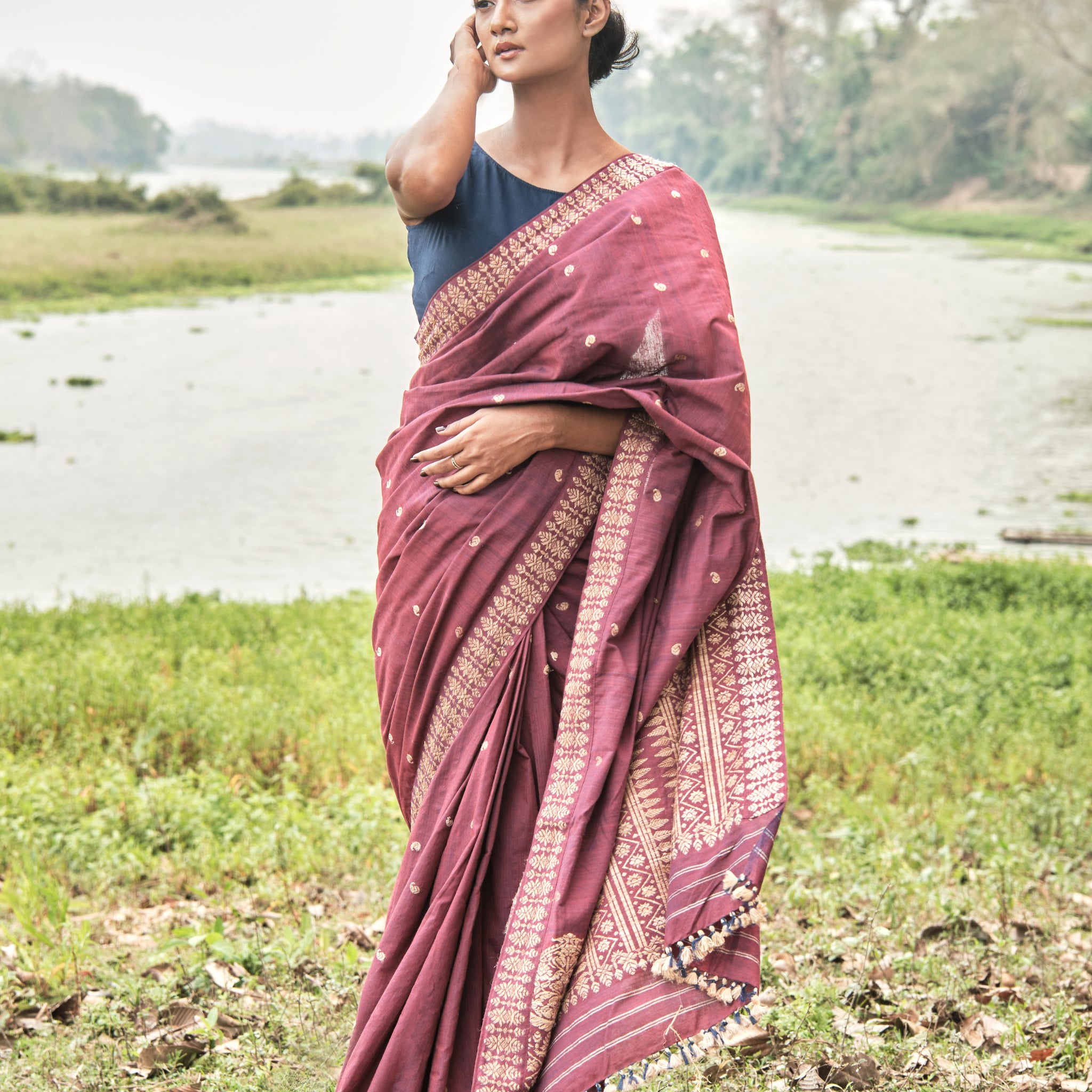 Saree - Eri silk & motifs in muga ghisa silk