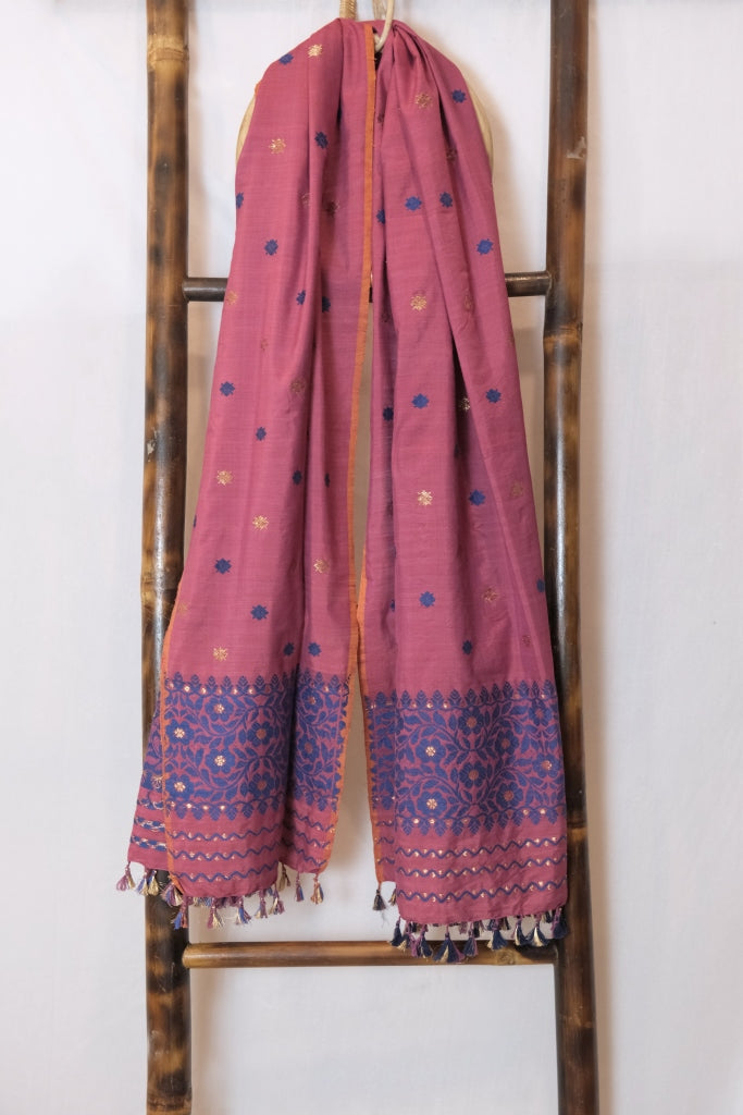 Stole - Mulberry silk motifs Eri silk natural dye & golden zari