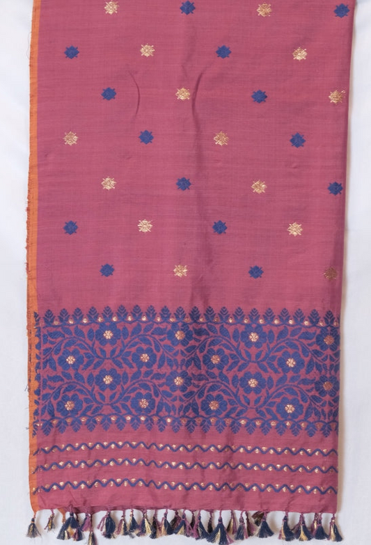 Stole - Mulberry silk motifs Eri silk natural dye & golden zari