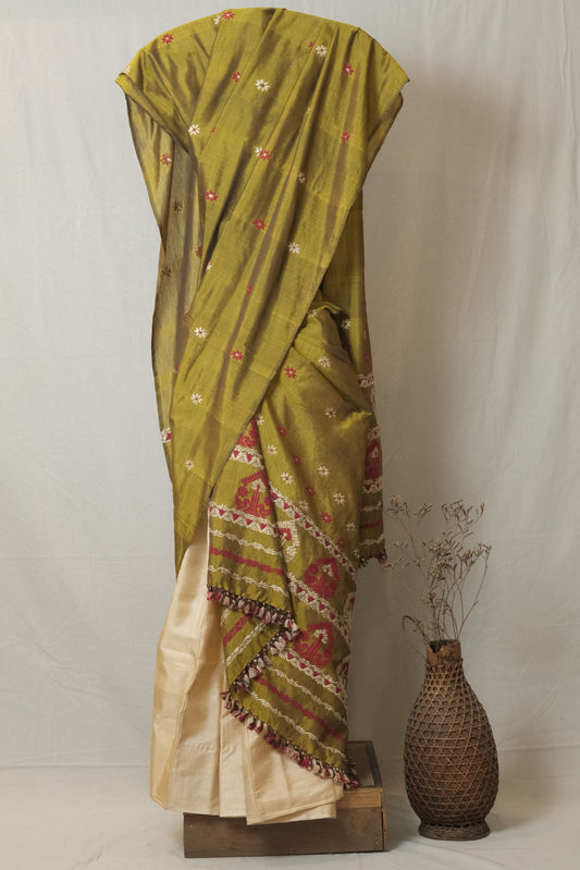 Single Sador - Mulberry silk & cotton motifs in Muga ghisa & eri silk natural dye