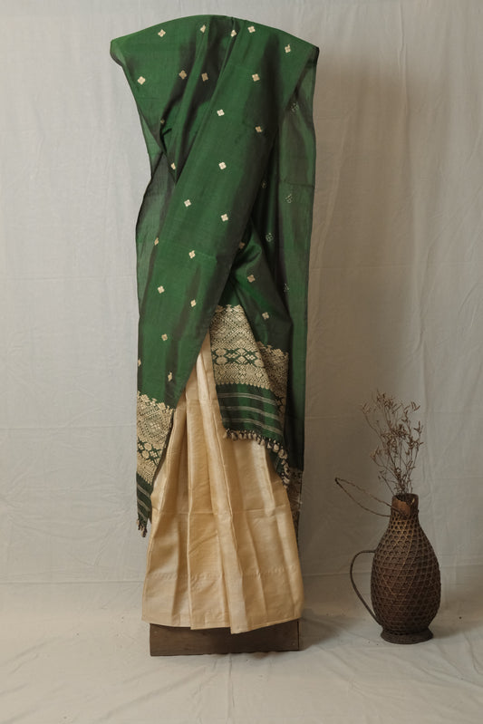 Single Sador - Mulberry silk & cotton motifs in muga ghisa
