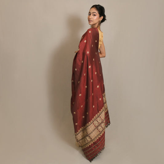 Single Sador - Mulberry silk & cotton motifs in muga ghisa
