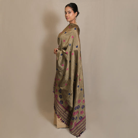 Single Sador - Mulberry silk & cotton motifs in Eri silk