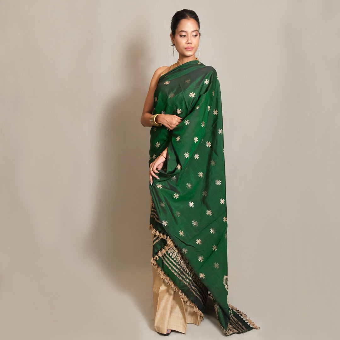 Single Sador - Mulberry silk & cotton motifs in muga ghisa
