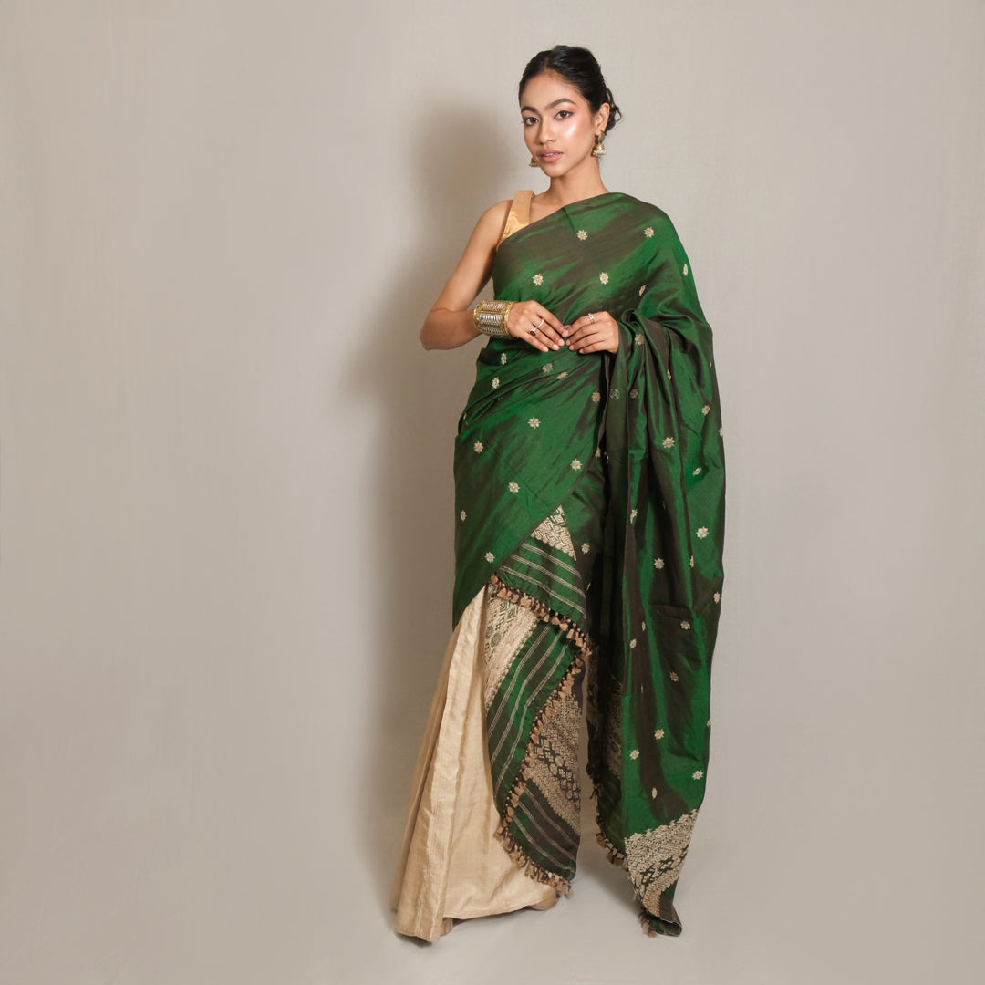 Single Sador - Mulberry silk & cotton motifs in muga ghisa