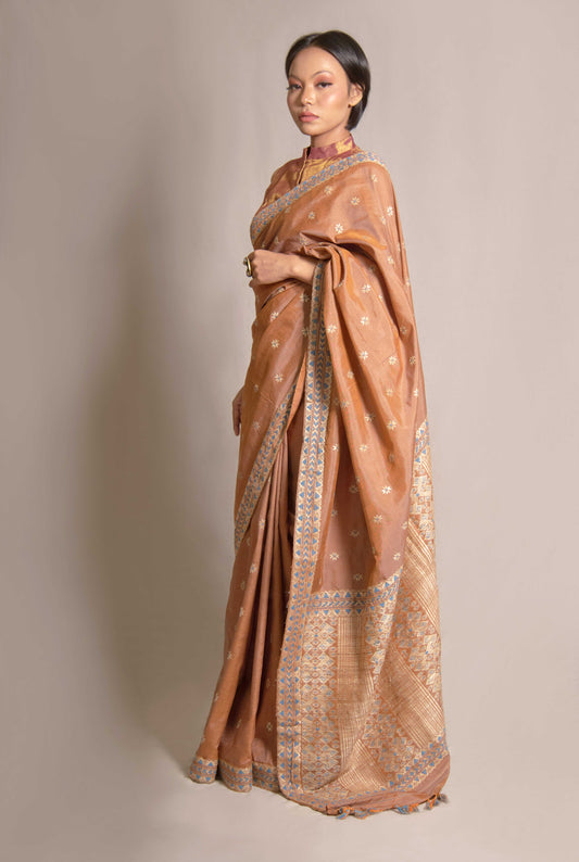 Saree - Mulberry silk & cotton motifs in Muga ghisa & Eri silk natural dye