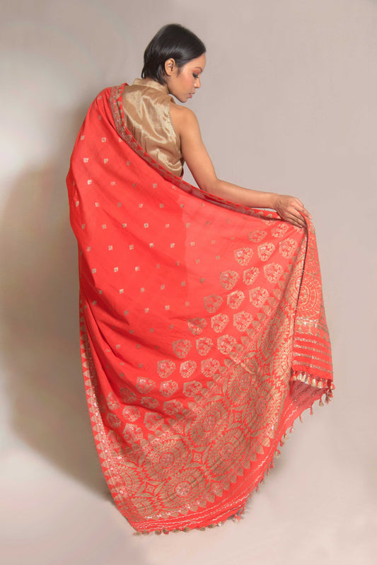 Saree - cotton motifs in Muga ghisa & silver zari